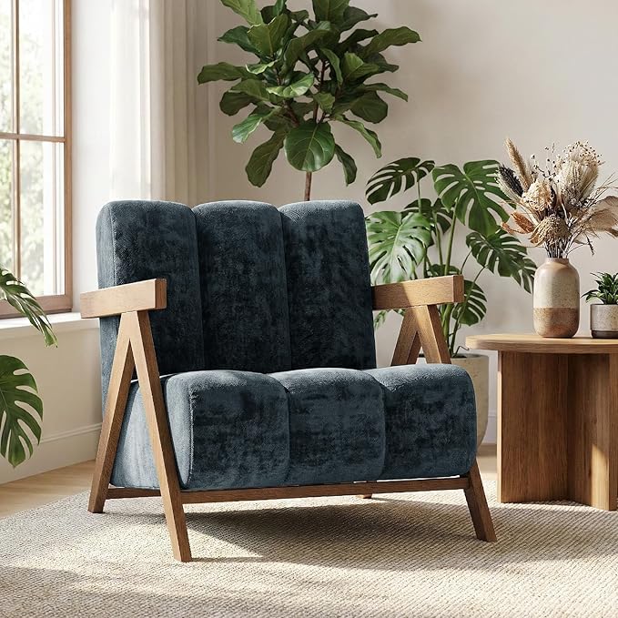 Modern Accent Chair for Living Room Bedroom,Comfy Chenille Reading Chair with Wood Frame,Oversized Upholstered Lounge Armchair with Thick High-Elastic Sponge for Apartment & Waiting Room (Blue,1)
