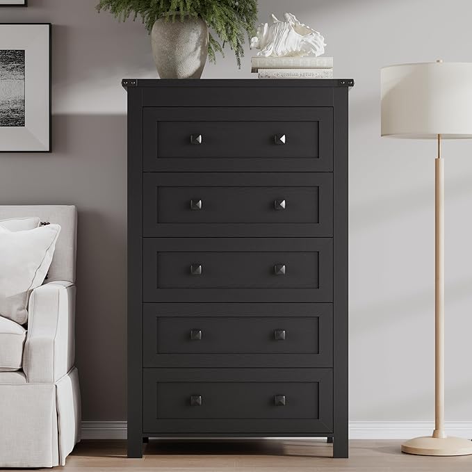 BORNOON Tall 5-Drawer Dresser, Modern Wooden Storage Chest of Drawers, Dresser TV Stand, Wood Drawer Organizer with Metal Handles for Bedroom, Living Room, Hallway