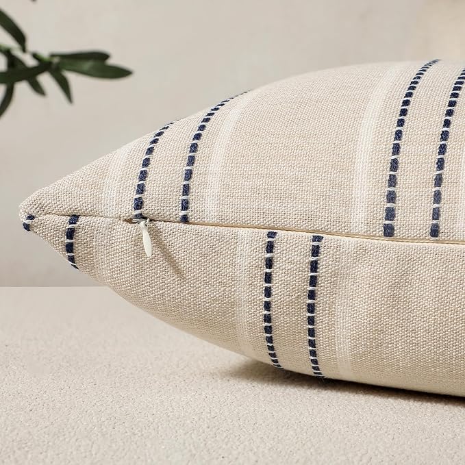 Hckot Throw Pillow Covers 12x20 Set of 2 Striped Pillow Covers Textured Linen Decorative Pillows Lumbar Cushion Covers for Sofa Couch Bed Living Room Farmhouse Decor, Navy