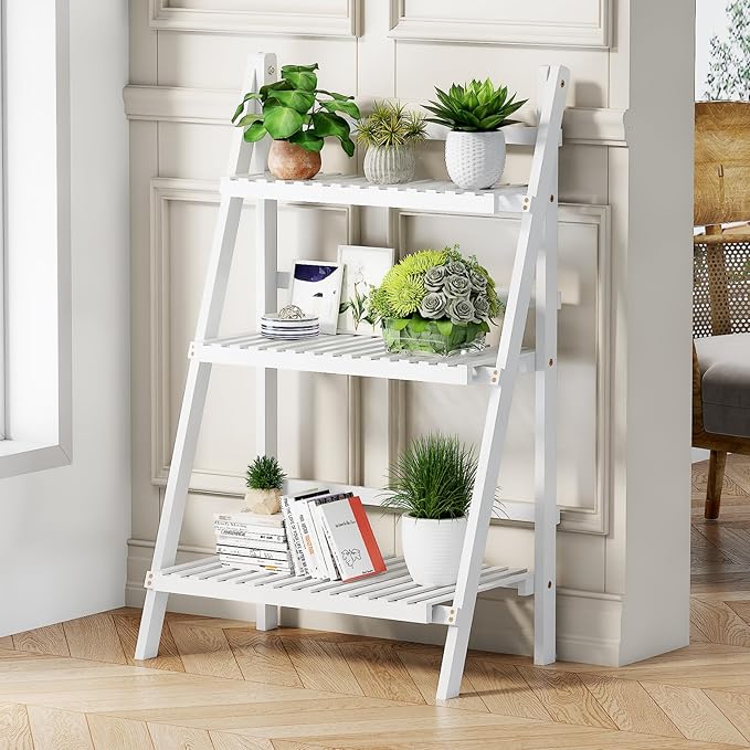 oakvivo Bamboo Bookshelf 3-Tier Ladder Shelf, 39.4” Freestanding Open Bookcase Book Shelf Bathroom Storage Shelf Unit Plant Stand for Small Space, Living Room, Bedroom, Home Office, White