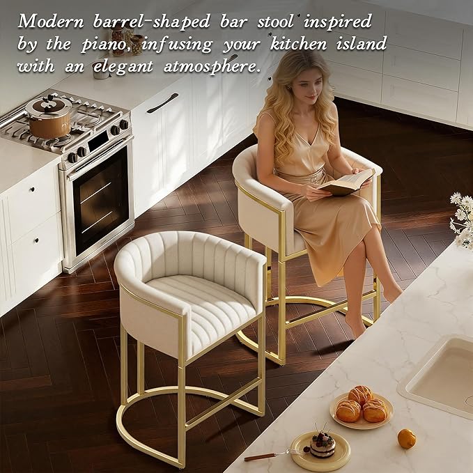 Modern Counter Height Bar Stools,Bar Stools Set of 3,Fabric Upholstered Barrel Barstools with Backs and Arms,26'' Kitchen Island Chairs,Mirror Champagne Gold Base/Beige White Linen
