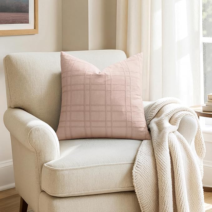 MIULEE Decorative Linen Check Throw Pillow Covers Neutral Farmhouse Vintage Spring Valentine Spring Pillow Covers 18x18 Set of 2 Boho Modern Home Decor for Sofa Couch Bedroom Cushion Light Pink