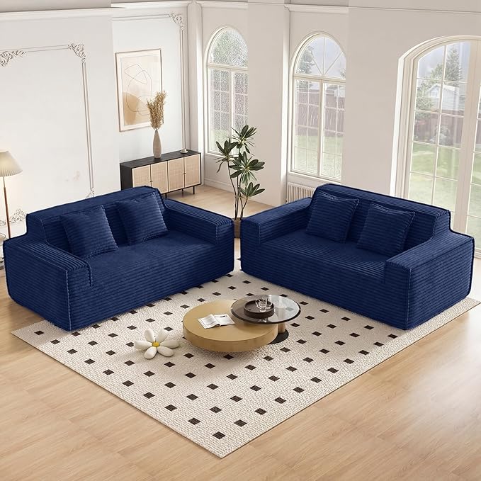 75'' Modern Cloud Loveseat Sofa Set of 2, No Assembly Required Comfy Deep Seat Couches 2 pcs for Living Room, Bedroom, Apartment (Corduroy-Blue)