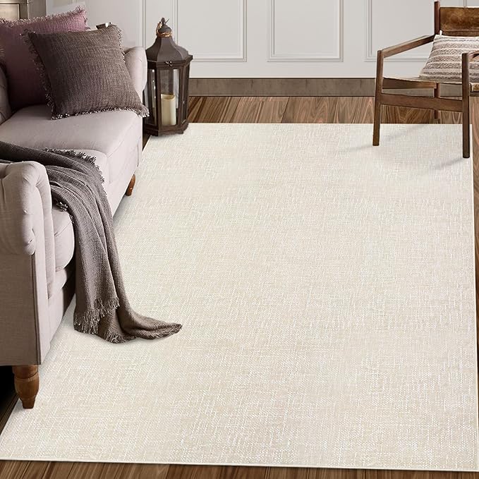 RUGSREAL Area Rug 5x7 Machine Washable Area Rug for Living Room Non-Slip Stain Resistant Modern Abstract Rug Contemporary Solid Throw Rug Foldable Accent Floor Carpet for Dining Room, Cream