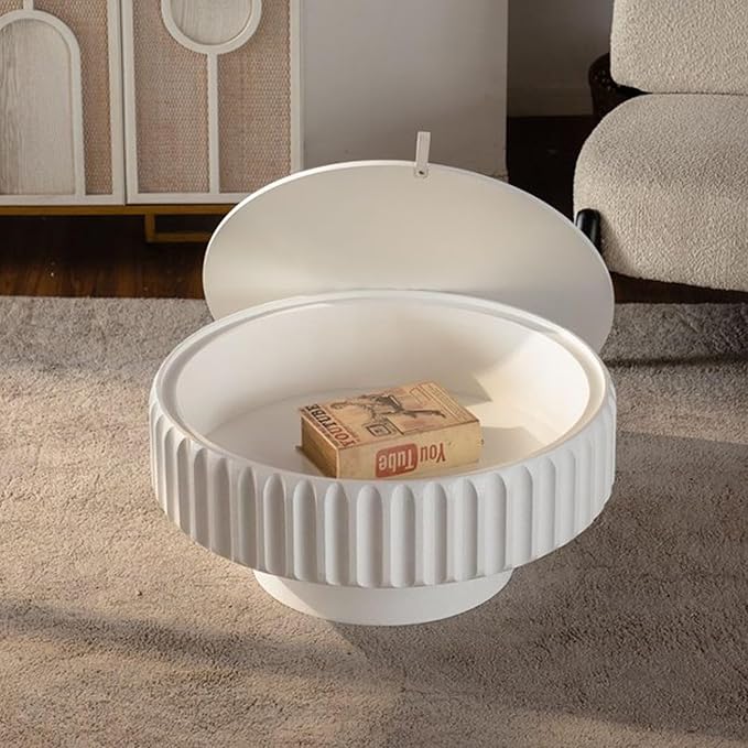 Round Coffee Table with Storage, Modern Wooden Coffee Tables Circle Center Pedestal Accent Tea Low for Living Room Apartment Small Space (31.5''L × 31.5''W × 14''H, Cream White)