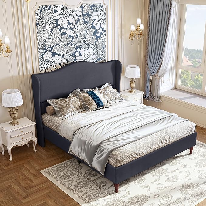 koorlian King Size Bed Frame Upholstered Platform Bed with 51'' Tall Fabric Headboard and Wooden Slats Support, Retro Minimalist Style/Fully Upholstered/Easy Assembly, Dark Navy