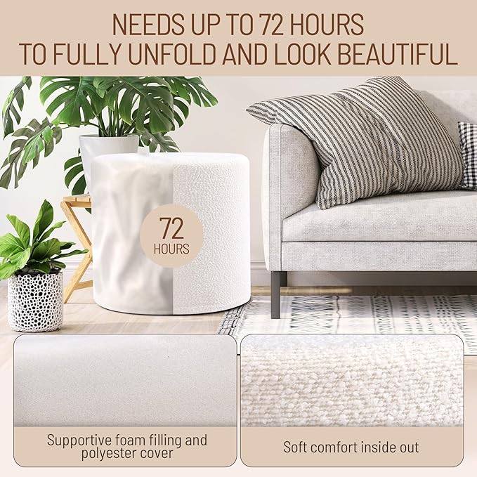 White Round Ottoman Foot Rest Stool – Clean Boucle Fabric Footstool with Soft Foam Filling, Lightweight Modern Pouf for Minimalist Living Room, Bedroom, Office – Pure White