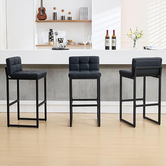 FIRAVOE Bar Stools Set of 3, PU Leather Bar Height Barstools, 30" High Top Bar Stools with Back and Thickened Metal Legs, Upholstered Island Chairs for Kitchen Island (Black, 3Pcs 30" Bar Stools)