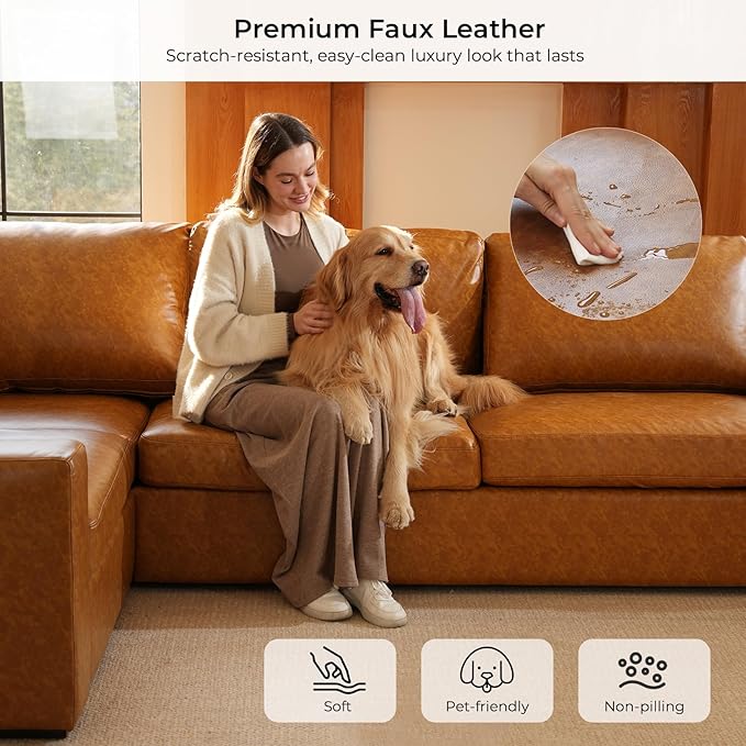 ELUCHANG 113" V-Shaped Modular Sectional Sofa Couch, Modern 5-Seat Premium Faux Leather Deep Seat Sofa with Corner, Removable Cover, Easy Assembly, Large Sofas & Couches for Living Room, Office, Brown | Spring Cushions, Easy to Clean