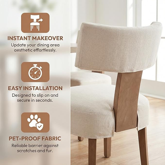 HNY Mid Century Modern Dining Chairs Set of 6 with Seat Covers, Farmhouse Linen Fabric Upholstered Accent Chairs Curved Backrest Kitchen Chairs, with Hardwood Frame, Beige