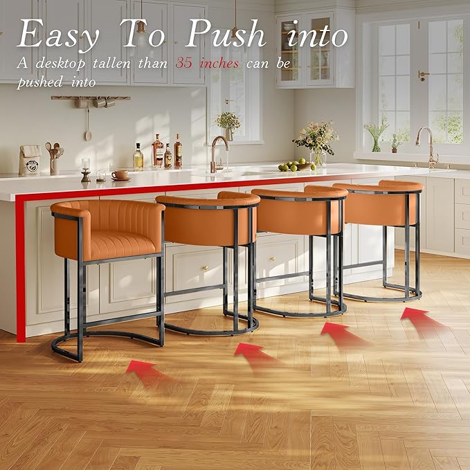 Modern Counter Height Bar Stools,Bar Stools Set of 4,PU Leather Upholstered Barrel Barstools with Backs and Arms,26" Kitchen Island Chairs,Metal Black Frames,Camel Brown Leather