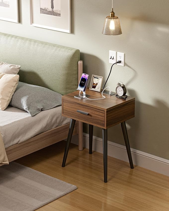 HAIOOU Mid Century End Table with Charging Station, Modern One Drawer Nightstand Side Table with Premium Matte Black Handle and Pine Wood Legs for Home Bedroom Living Room