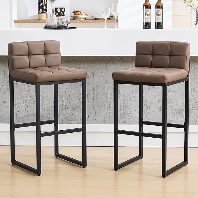 FIRAVOE Set of 2 Barstools, Counter Height Bar Stools with Back, Faux Leather, Thickened Metal Legs, 30-inch Island Chairs for Kitchen Island, Bar, Counter (Coffee Brown, 2Pcs 30" Bar Stools)