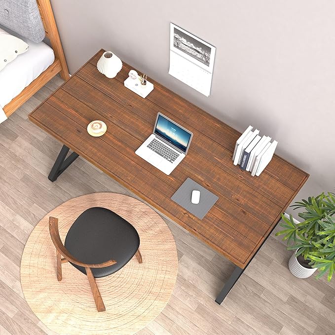 IBF Solid Wood Work Desk, Minimalist 47” Real Wood Computer Desk, Rustic Natural Wood Desk for Home Office Writing Study, Vintage Wooden PC Gaming Computer Table Workstation in Bedroom, Brown, 47 inch