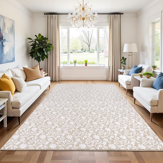 Vaukki 5x7 Area Rug for Living Room, Soft Fluffy Washable Modern Floral Indoor Floor Mat, Non Slip Shaggy Boho Accent Throw Carpet for Bedroom, Living Room, Nursery and Dining Room, Beige and White
