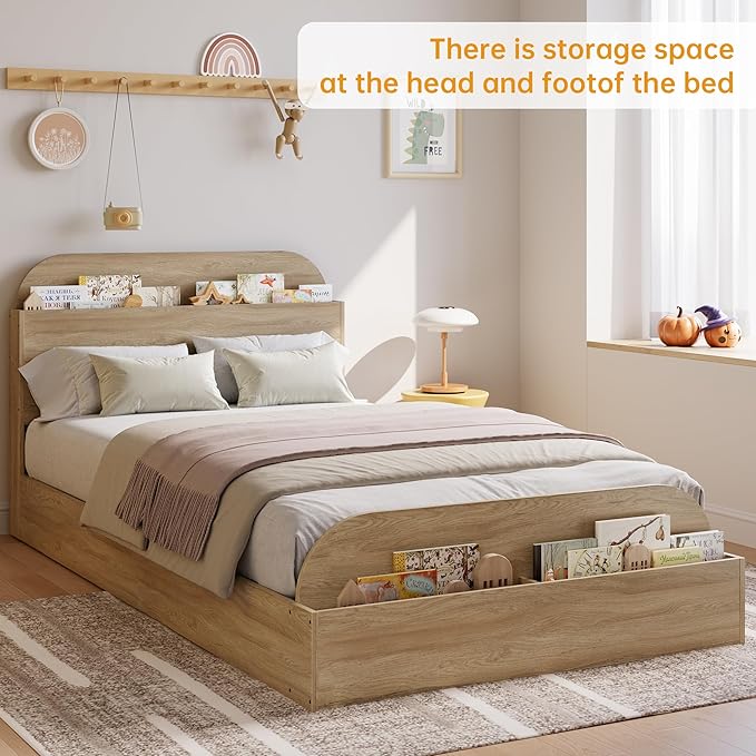 GarveeHome Twin XL Size Bed Frame, Wooden Beds with Storage Headboard and Raised-Foodboard, Twin XL-Floor Low Platform Bed for Bedroom, Sturdy Wooden Slats Support, No Box Spring Needed, Natural