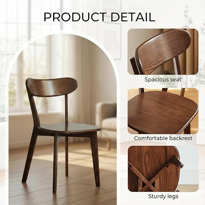 Solid Wood Dining Chairs,Mid Century Modern Dining Chairs with Comfortable Curved Backrest,Wood Chairs for Kitchen,Dining Room (2, Walnut Color)