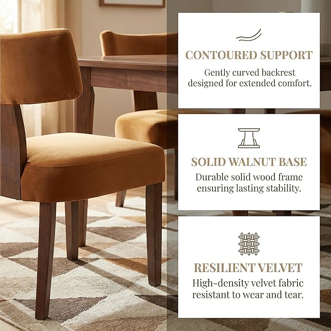 HNY Mid Century Modern Dining Chairs, Velvet Fabric Farmhouse Upholstered and Curved Backrest Kitchen Accent Chairs Set of 4, with Hardwood Frame, Burnt Caramel
