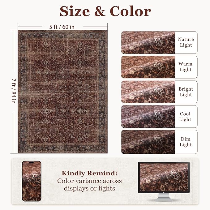 Moody Brick Area Rugs 5x7, Distressed Oriental Living Room Rug Washable, Non Slip Low Pile Thin Carpet Rugs for Bedroom/Dining Room/Home Office/Kitchen, Vintage Brick Red Stain-Resistant