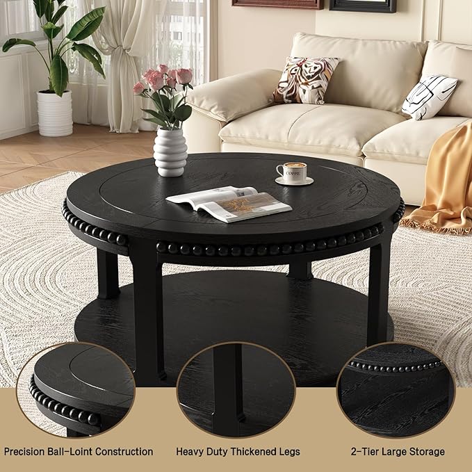 31.5" Round Wood Coffee Table, 2 Tier Modern Center Table,Solid Wood+MDF, Easy Assembly, Accent Table for Living Room, Apartment, Small Space. (Black)