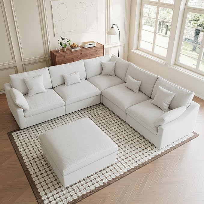 Modular Sectional Sofa Cloud Couch, Oversized 5 Seater Sofa with Ottomans, Extra Large V Shaped Deep Seat Couches for Living Room, Sofa Covers Washable&Removable, White