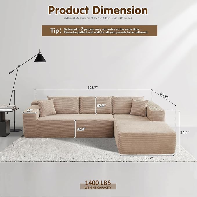 ovios 104" Cloud Boneless Couch with L-Shape Chaise,Modern Sectional Modular Sofa with Deep Seat, Upholstered Couches for Living Room Bedroom,No Assembly Required, Camel (Corduroy Fabric)