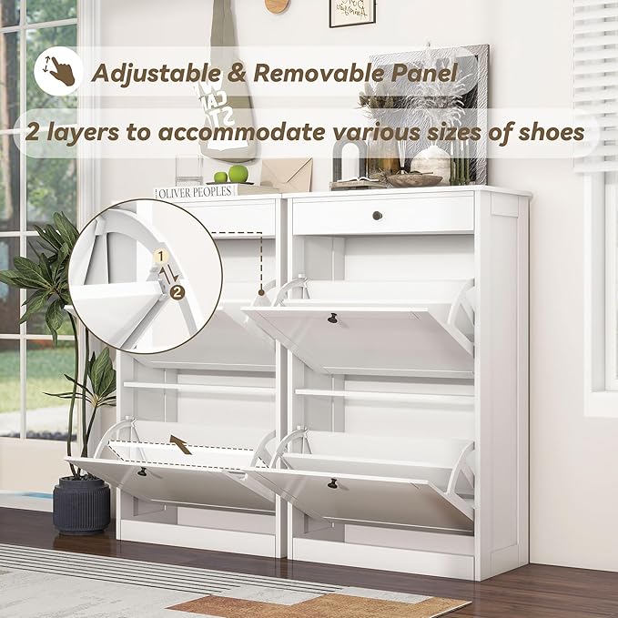 FTZxHKLX Shoe Cabinet with 2 Flip Drawers Set of 2, Small Wood Modern Shoe Organizer with Adjustable Shelf, Narrow Freestanding Hidden Shoe Cabinet Storage for Entryway, Hallway, Living Room, White