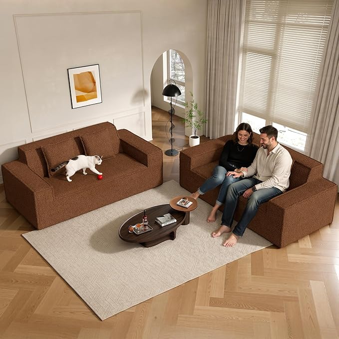 75'' Cloud Loveseat Sofa, No Assembly Required Comfy Deep Seat Couches 1 pcs for Living Room, Bedroom, Apartment(Teddy Fabric-Brown)