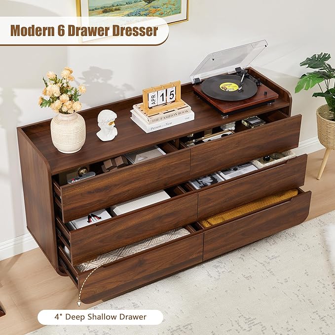 Curved 6 Drawer Dresser for Bedroom, Modern 53-Inch Chest of Drawers, Wood Storage Dresser Organizers with Hidden Handles, 6 Drawer Dressers for Bedroom, Nursery, Living Room, Walnut
