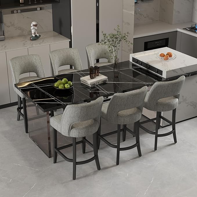 VKNOW Bar Stools Set of 6, 26" Upholstered Counter Height Bar Stools, Modern Counter Stools with Black Legs for Kitchen Island Dining Room Bar, Light Grey-Black Legs