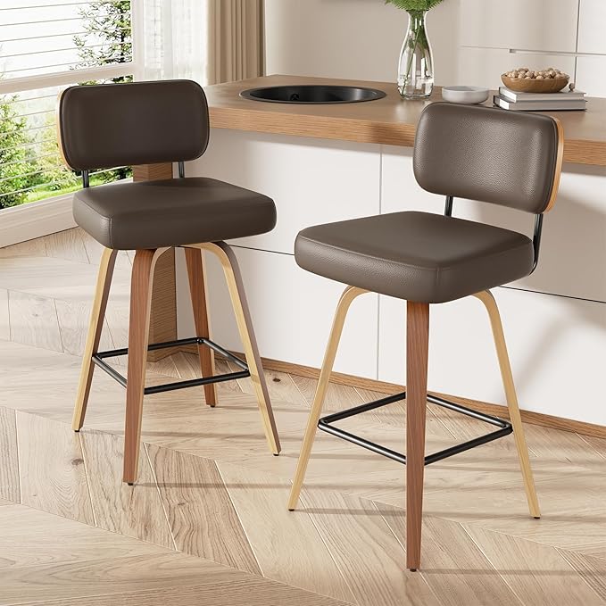Swivel Bar Stools Set of 2, 26" Upholstered Faux Leather Counter Height Barstools with Walnut Back & Bentwood Legs, Mid Century Modern Bar Chairs Island Stools for Kitchen Counter, Coffee
