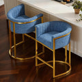 Modern Counter Height Bar Stools,Bar Stools Set of 2,Fabric Upholstered Barrel Barstools with Backs and Arms,26" Kitchen Island Chairs,Mirror Champagne Gold Base/Blue Linen