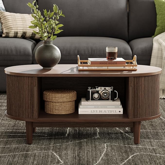 LINSY HOME Oval Coffee Table, Wood Coffee Table with Storage, Fluted Accent Center Table with Sliding Tambour Door, 39" Mid Century Modern Coffee Tables for Living Room, Bedroom, Apartment, Walnut