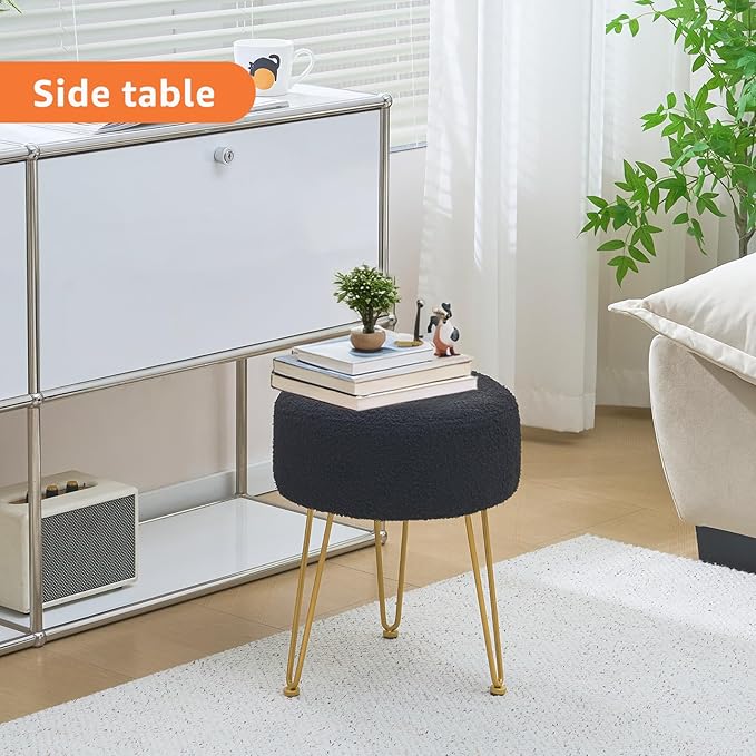 Vanity Stool, Teddy Velvet Ottoman Foot Stool, Dressing Table Seat with Metal Leg Vanity Chair for Bedroom, Living Room, Entryway, Offices