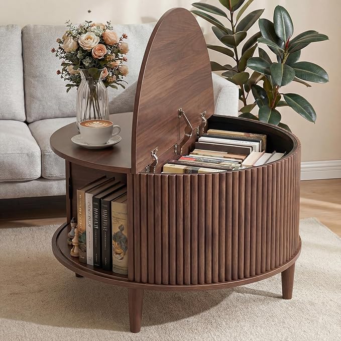 DUMOS Coffee Table, Round Coffee Tables with Storage, Fluted Center Table for Living Room, 31.69" Mid Century Modern Table with Sliding Cabinet Door, 2-Tier Rustic Wood Desktop, Brown