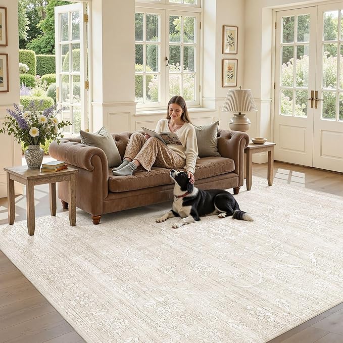 6x9 Area Rug Living Room: Washable Large Vintage Grey Rug Neutral Non-Slip Soft Stain Resistant Indoor Carpet for Bedroom Nursery Dining Room Under Table Bed Home House Office Playroom - Beige White