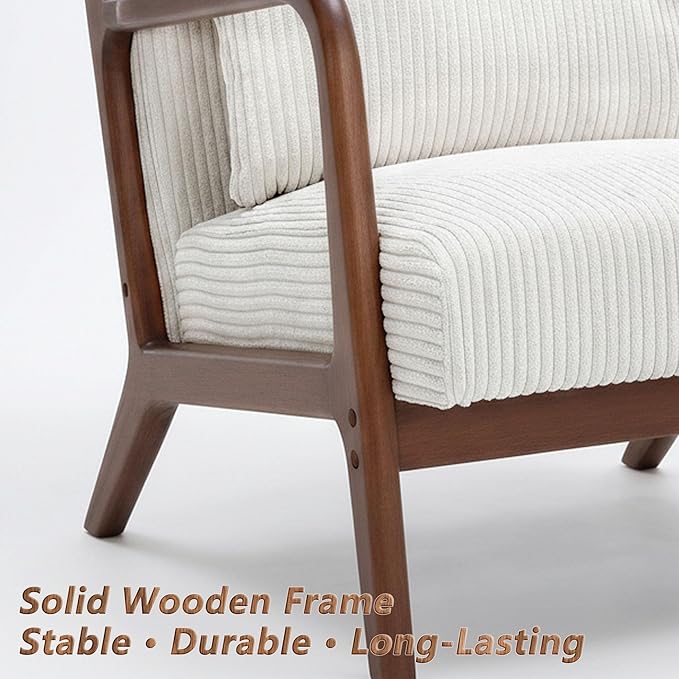 Set of 2 Mid Century Modern Accent Chair with Solid Rubberwood Frame, Comfy Corduroy Reading Armchair with Lumbar Pillow, Compact Lounge Chair for Bedroom, Living Room & Small Spaces
