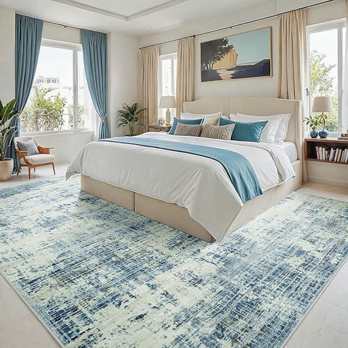 9x12 Area Rugs for Living Room Washable Rug: Anti-Skid Abstract Modern Living Room Rug Soft Thin Carpets Indoor Floor Non-Shedding Carpet for Bedroom Dining Farmhouse Nursery Blue Gray Gold