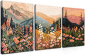 Framed Wildflower Mountain Landscape Wall Art Set of 3, Colorful Floral Wall Decor, Boho Sunset Landscape Canvas Artwork, Earth Tone Botanical Poster Prints for Living Room Bedroom 16x24 Inch