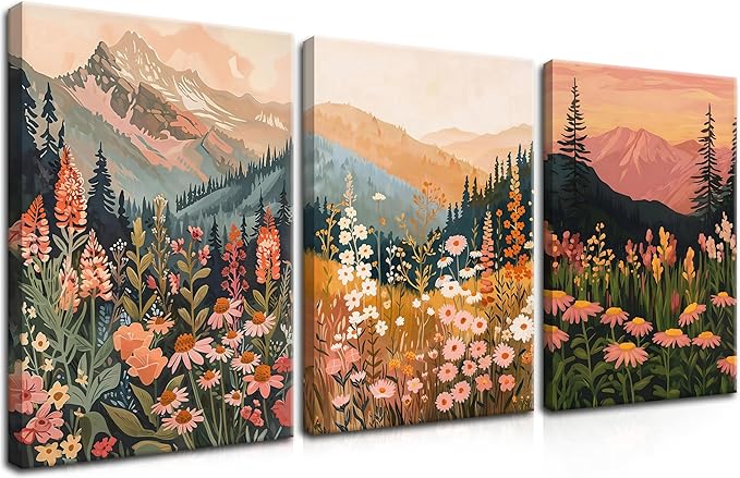 Framed Wildflower Mountain Landscape Wall Art Set of 3, Colorful Floral Wall Decor, Boho Sunset Landscape Canvas Artwork, Earth Tone Botanical Poster Prints for Living Room Bedroom 16x24 Inch