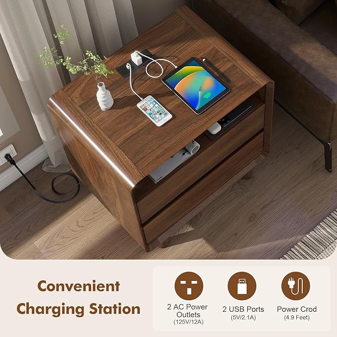 Nasonet Mid Century Modern Nightstand with Charging Station, Wood Bedroom End Tables Nightstands with Drawers, Curved Bedside Table for Living Room, Bedroom, Walnut