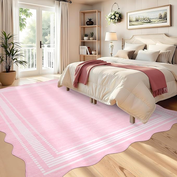 Garvee Washable Rugs 10x13 Area Rugs for Living Room Bedroom, Low Pile Ultra Soft Solid Neutral Carpet, Non Slip & Non Shedding Modern Scalloped Print Floor Mats for Home Decor, Pink
