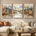 Framed Mountain Forest Landscape 3 Piece Wall Art for Living Room, Orange Neutral Modern Scenic Print Canvas Artwork for Walls, Large Nordic Rustic Nature Autumn Bedroom Office Wall Decor, 24x36 Inch