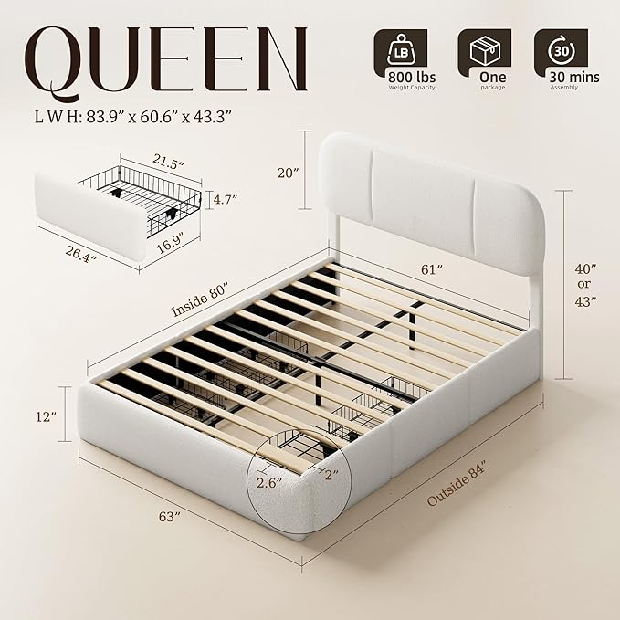 Queen Size Bed Frame with Storage, Boucle Cloud Bed with 4 Locking Drawers & LED Lights, Modern Upholstered Platform Bed, Plush Sides & Footboard, Adjustable Headboard, No Box Spring, Cream