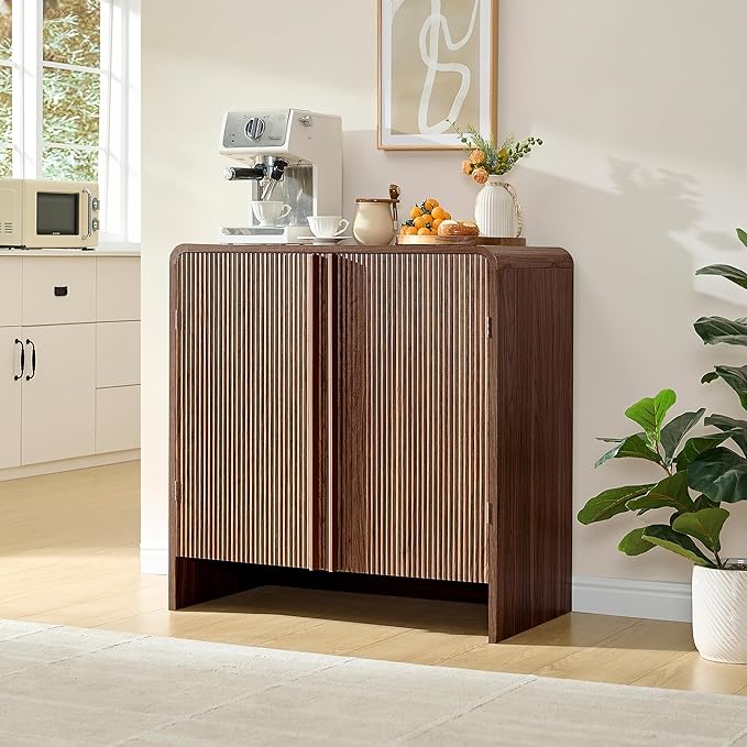 AMERLIFE 2-Piece Fluted Buffet Cabinet with Storage, Modern Sideboard Cabinet with Doors & Adjustable Shelf, Console Table & Credenza for Living Room, Kitchen & Entryway, Brown