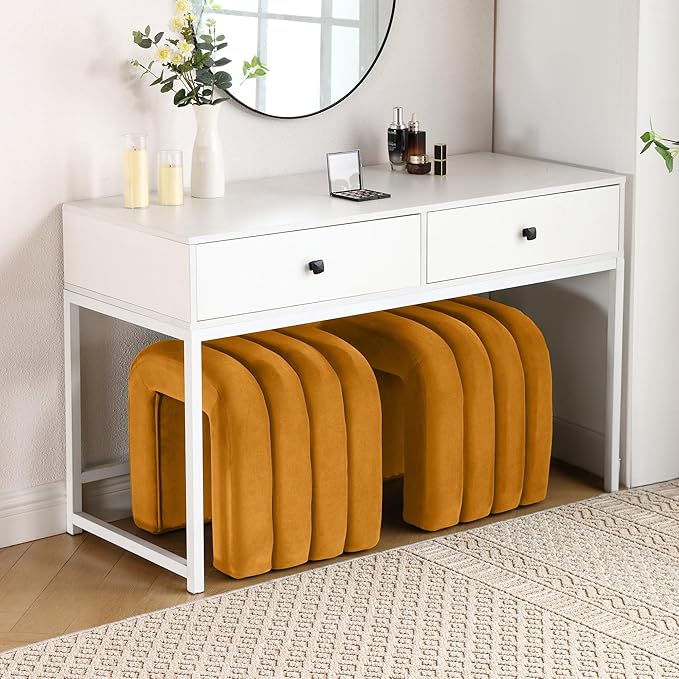 Multi-Functional Ottoman Stool Set of 2, Footrest for Couch, Modern Vanity Stool for Make-up Room, Living Room and Entryway, Small Cute Footstool (Cognac Velvet)
