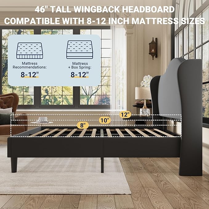Allewie Full Size Bed Frame, Upholstered Wingback Platform with 47" Tall Tufted Headboard, Plush Velvet Fabric, Modern Minimalist Design, No Box Spring Required, Tool-Free Assembly, Grey