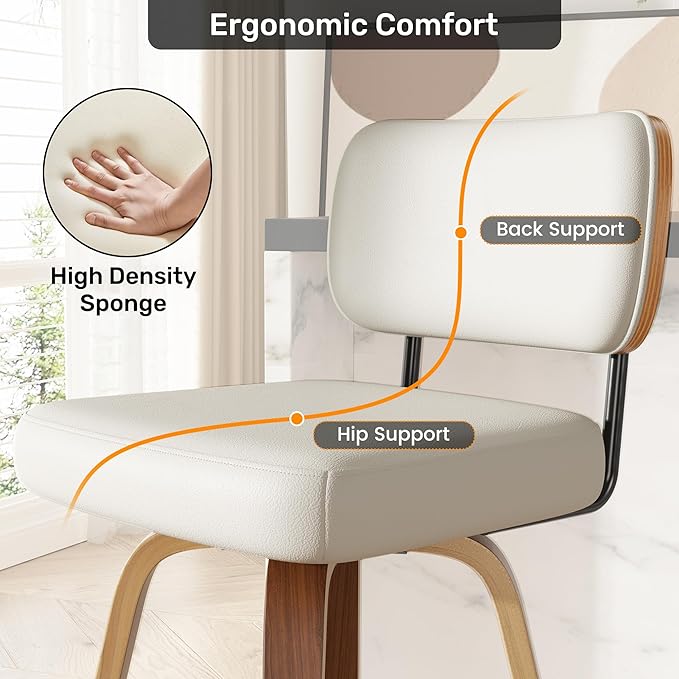 Swivel Bar Stools Set of 6, 26" Upholstered Faux Leather Counter Height Barstools with Walnut Back & Bentwood Legs, Mid Century Modern Bar Chairs Island Stools for Kitchen Counter, Cream White