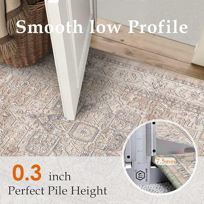 8x10 Washable Vintage Area Rug Coral Oriental Living Room Bedroom Throw Rug Neutral Non Slip Soft Low Pile Carpet for Dining Room Office Nursery Indoor