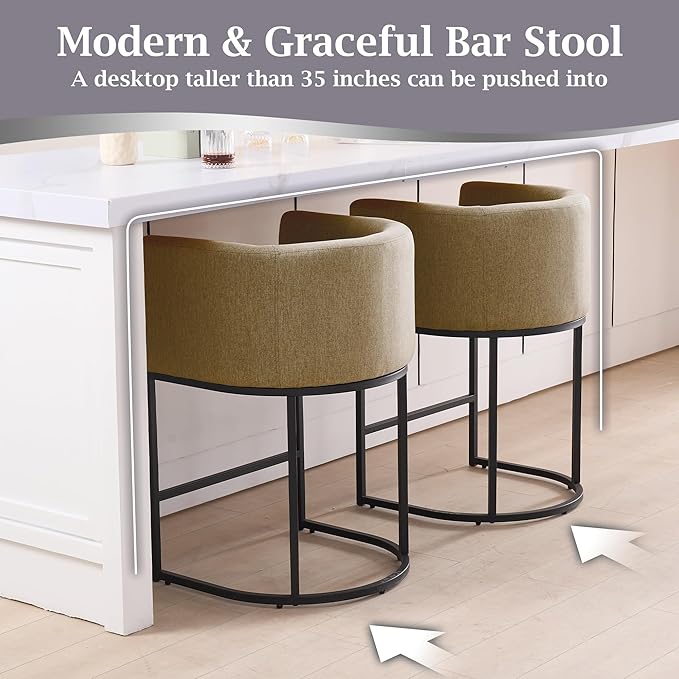 ClinQ 26" H Counter Height Bar Stools Set of 6, Modern Barrel Counter Stools with Backrest and Arms, Black Metal Frames, Linen Fabric Upholstered Accent Barstools for Kitchen Island, Camel